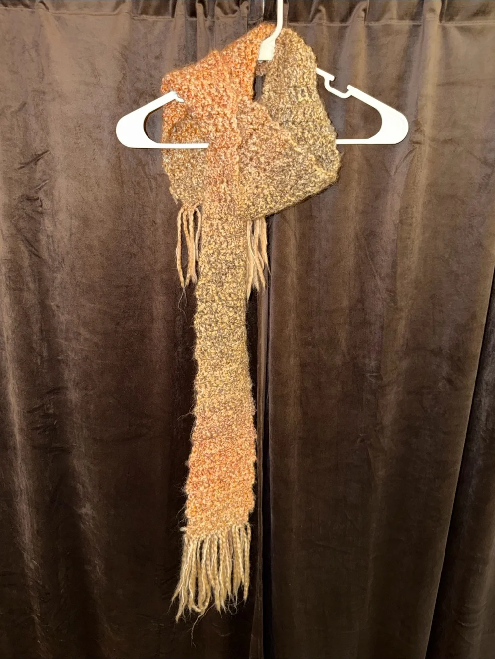 Gradient Peach-Beige Handknit Scarf with Fringe